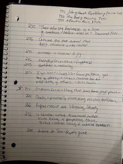 Picture of reading notes for the final section of The Book of Joy. 